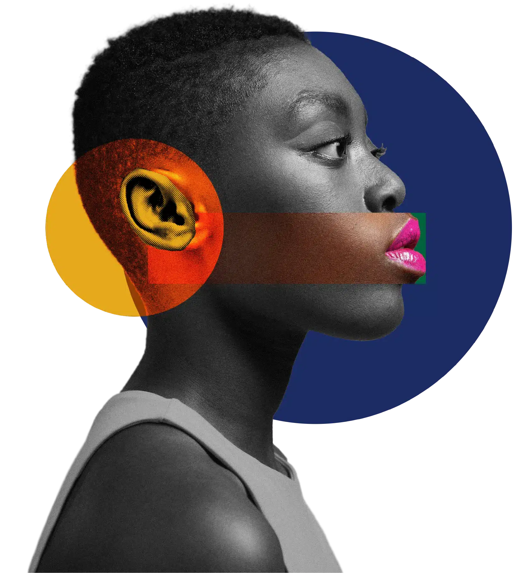 Stylised profile portrait representing identity and brand storytelling in communications